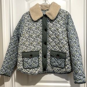 BODEN Quilted Jacket Sherpa Removable Collar Contrasting Sleeves & Pockets Sz 14
